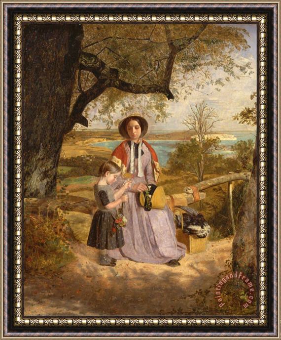 James Collinson Mother And Child by a Stile, with Culver Cliff, Isle of Wight, in The Distance Framed Painting