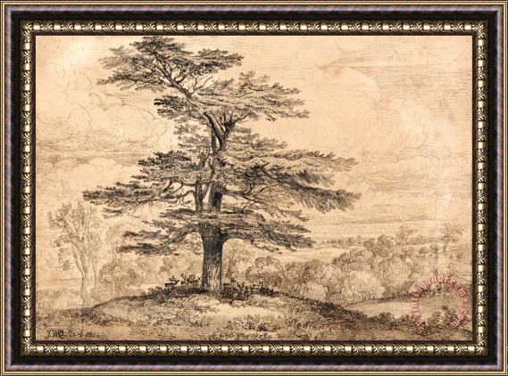 James Ward A Cedar on a Rise with a Herd of Deer Grouped Beneath Its Shade Framed Print