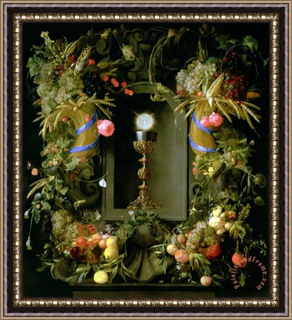 Jan Davidsz de Heem Communion cup and host encircled with a garland of fruit Framed Painting