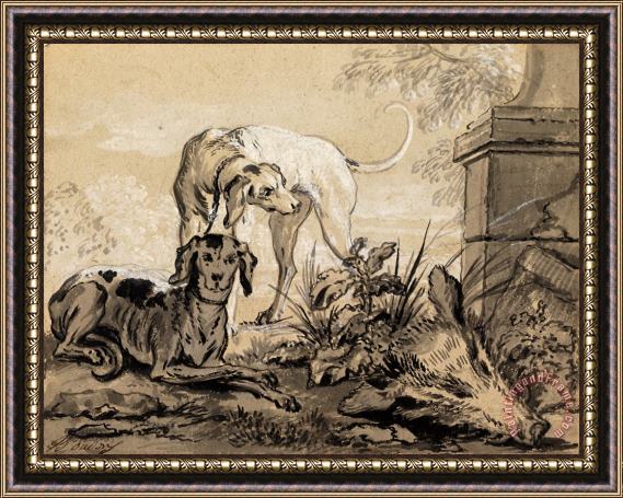 Jean Baptiste Oudry After The Hunt Two Hounds Beside a Boar's Head Framed Painting