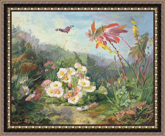 Jean Marie Reignier Wild Flowers And Butterfly Framed Painting