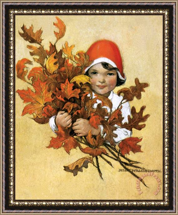 Jessie Willcox Smith Girl with Fall Leaves Framed Print