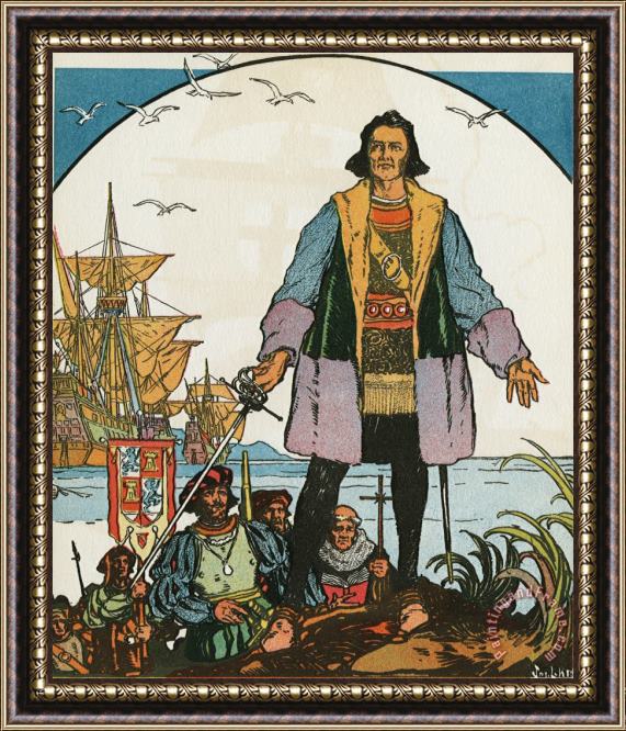 J.L. Kraemer Explorer Christopher Columbus Standing on Shore Framed Painting