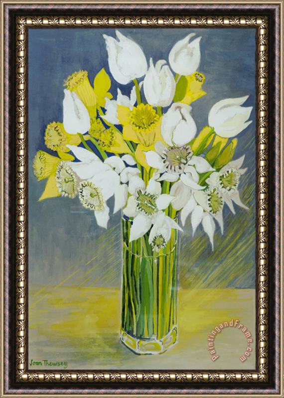 Joan Thewsey Daffodils And White Tulips In An Octagonal Glass Vase Framed Painting