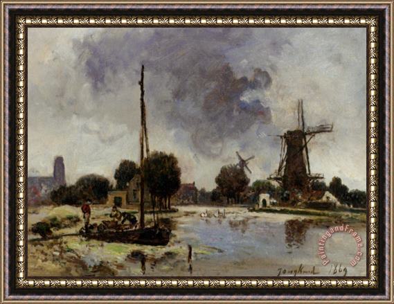 Johan Barthold Jongkind A Sailboat Moored on The Bank of a Stream Framed Painting