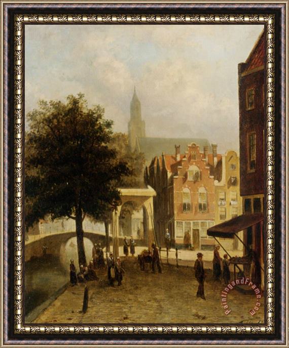Johannes Frederik Hulk Villagers in The Streets of a Dutch Town Framed Painting