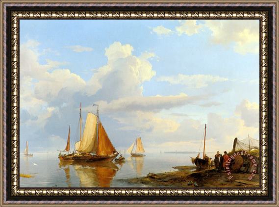 Johannes Hermanus Koekkoek Figures Coming Ashore in a Calm Framed Painting