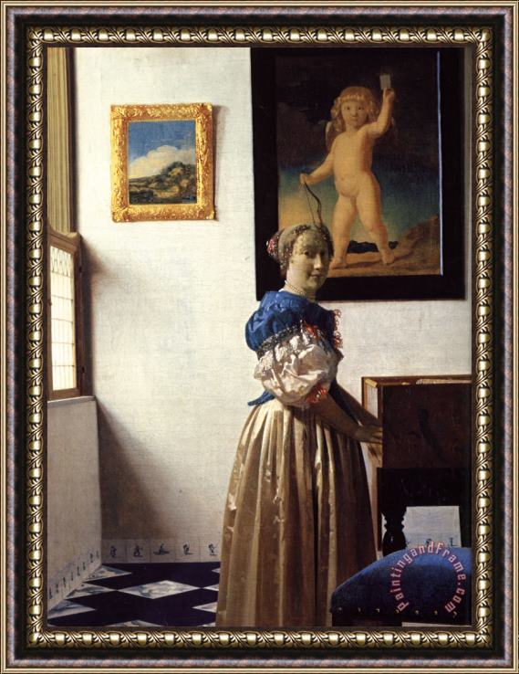 Johannes Vermeer Young Woman Standing at a Virginal Framed Print