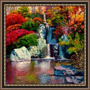 The Waterfall Framed Paintings - Japanese Waterfall by John Lautermilch