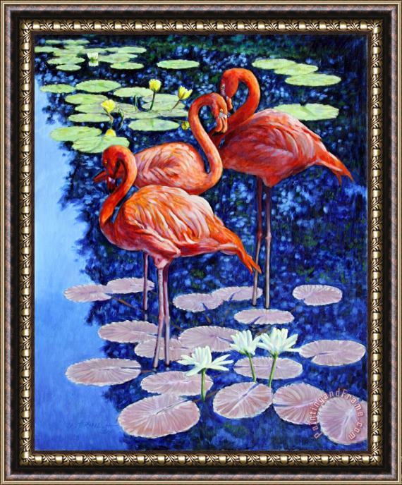 John Lautermilch Three Flamingos in Lily Pond Framed Print