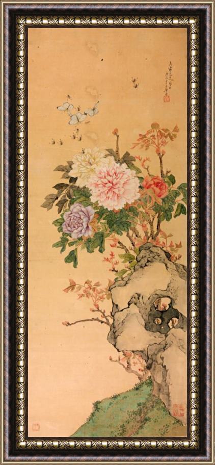 Ju Lian Peony And Butterflies Framed Painting