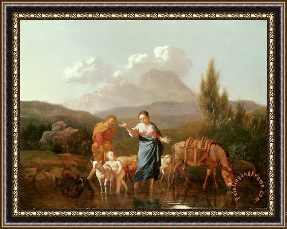 Karel Dujardin Holy family at a stream Framed Painting