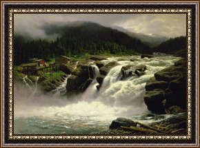 The Waterfall Framed Paintings - Norwegian Waterfall by Karl Paul Themistocles van Eckenbrecher