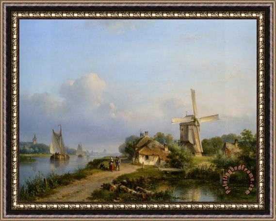 Lodewijk Johannes Kleijn Figures on a Canal Near a Windmill Framed Painting