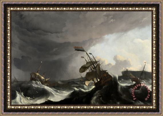 Ludolf Backhuysen Warships in a Heavy Storm Framed Painting