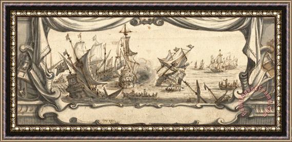 Ludolf Backhuysen Zeegevecht in Een Cartouche Framed Print