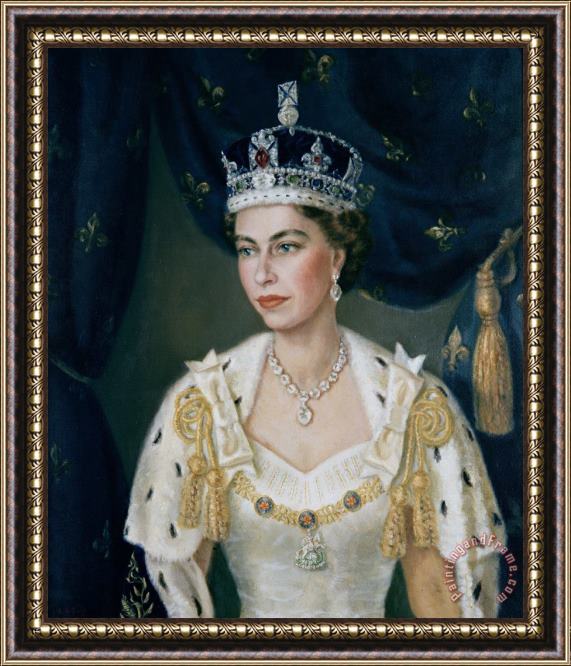 Lydia de Burgh Portrait of Queen Elizabeth II wearing coronation robes and the Imperial State Crown Framed Painting