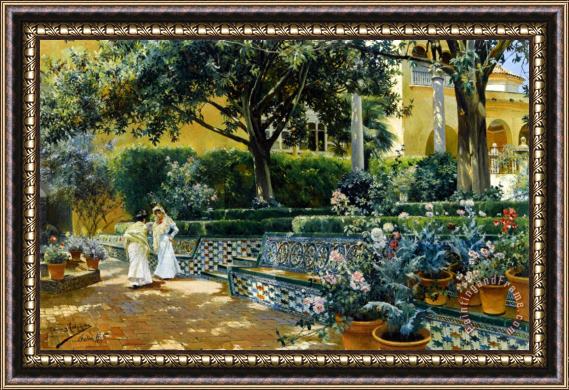 Manuel Garcia y Rodriguez Gardens of The Alcazar Seville Framed Painting