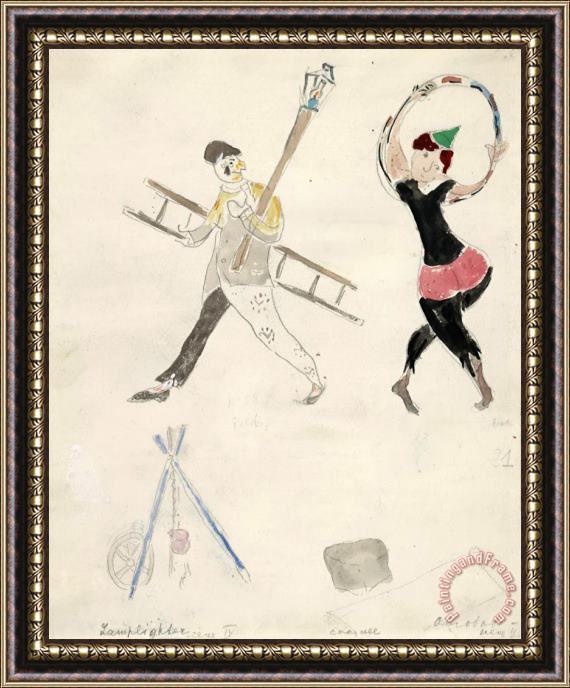 Marc Chagall A Lamplighter And an Acrobat, Costume Design for Aleko (scene Iv). (1942) Framed Painting