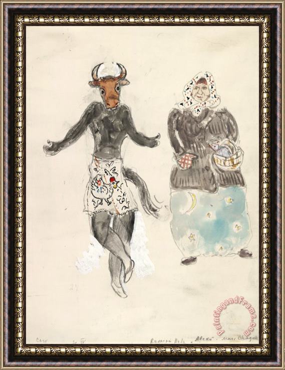 Marc Chagall A Russian Baba And a Cow, Costume Design for Aleko (scene Iv). (1942) Framed Painting