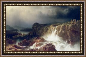 The Waterfall Framed Paintings - Rocky Landscape With Waterfall In Smaland by Marcus Larson