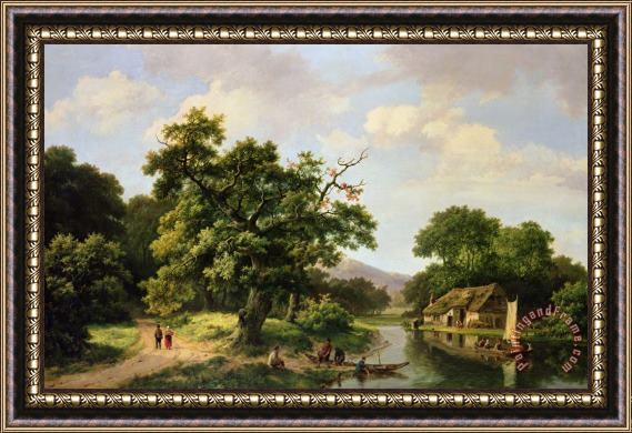 Marinus Adrianus Koekkoek Wooded River Landscape With Peasants Unloading A Ferry Framed Print