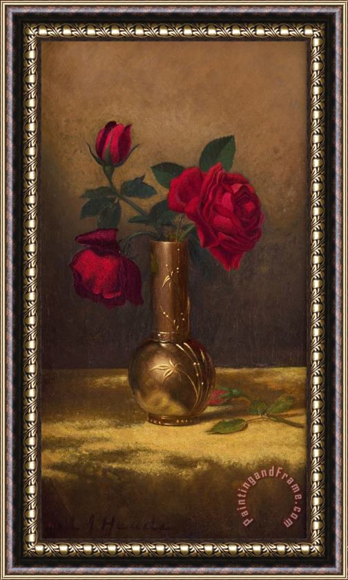 Martin Johnson Heade Red Roses in a Japanese Vase on a Gold Velvet Cloth Framed Painting