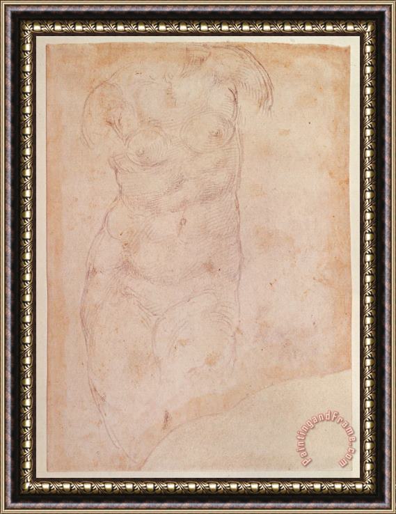 Michelangelo Buonarroti Study of a Female Nude Black Chalk on Paper Framed Painting