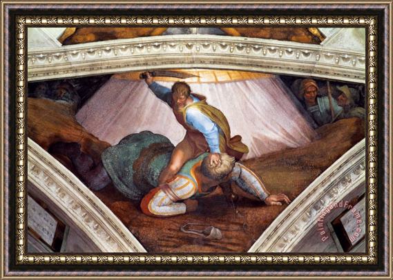 Michelangelo Buonarroti The Sistine Chapel Ceiling Frescos After Restoration David And Goliath Framed Painting
