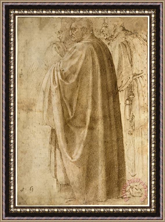 Michelangelo Buonarroti Three Standing Men in Wide Cloaks Turned to The Left (recto) Framed Print