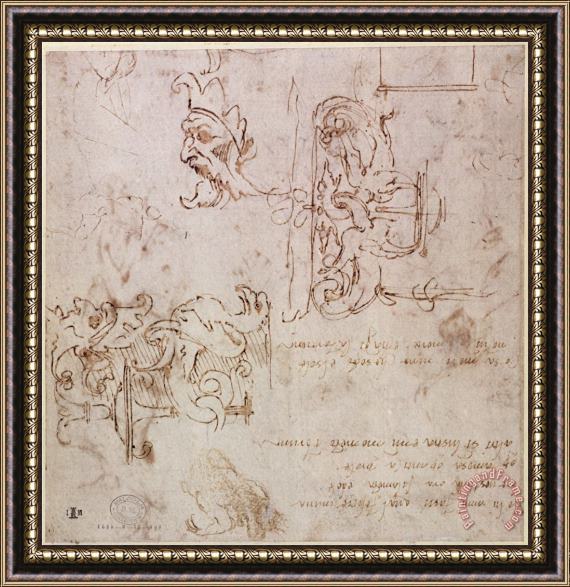 Michelangelo Buonarroti W 3v Roughly Sketched Designs for Furniture And Decorations Framed Painting
