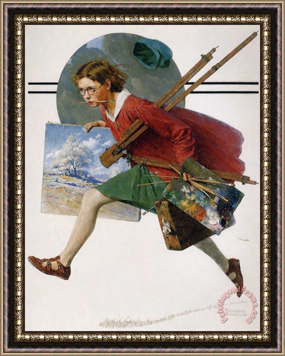 Norman Rockwell Girl Running with Wet Canvas Framed Painting