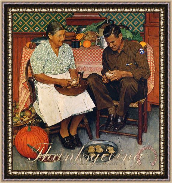 Norman Rockwell Thanksgiving Mother And Son Peeling Potatoes 1945 Framed Painting