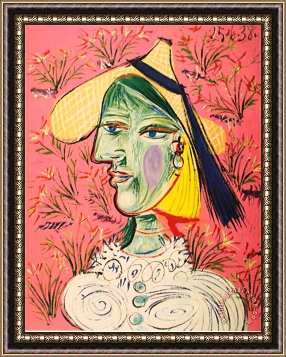Pablo Picasso Femme Au Chapeau De Paille Sur Fond Fleuri Framed Print