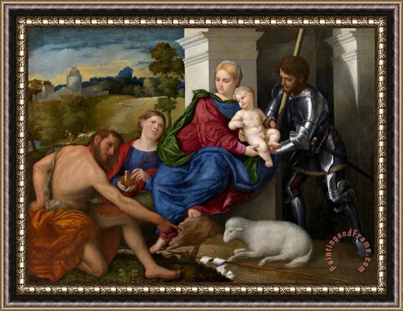 Paris Bordone Virgin And Child with Saints John The Baptist, Mary Magdalen And George Framed Painting