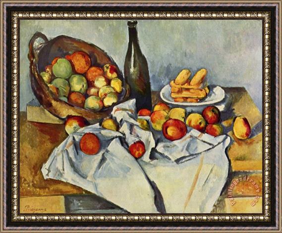 Paul Cezanne Still Life With Bottle And Apple Basket Framed Painting