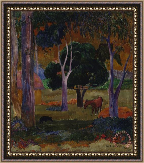 Paul Gauguin Landscape with a Pig And a Horse (hiva Oa) Framed Painting
