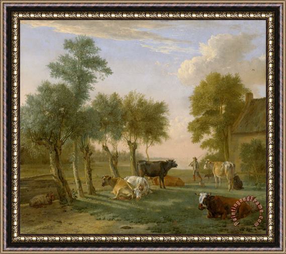 Paulus Potter Cows in a Meadow Near a Farm Framed Painting