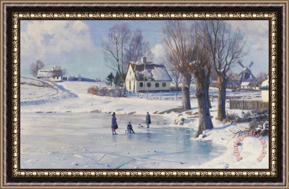 Peder Monsted Sledging On A Frozen Pond Framed Painting