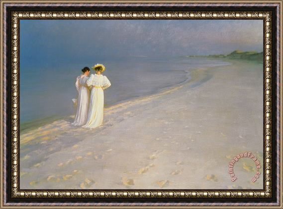 Peder Severin Kroyer Summer Evening on the Skagen Southern Beach with Anna Ancher and Marie Kroyer Framed Painting