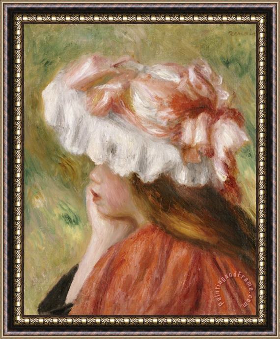 Pierre Auguste Renoir Head of a Young Girl in a Red Hat Framed Print