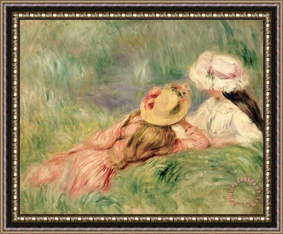 Pierre Auguste Renoir Young Girls on the River Bank Framed Painting