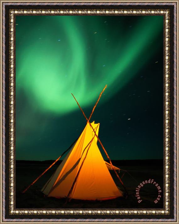 Raymond Gehman A Solitary Tepee Under a Light Streaked Sky From The Aurora Borealis Framed Painting