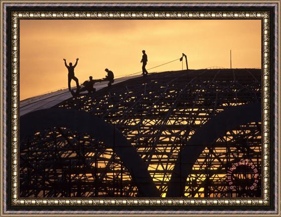 Raymond Gehman Construction Workers on Dome of Swimming Pool at Sunset Qinhuangdao Framed Painting
