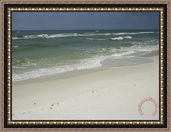 Raymond Gehman Footprints Along a Sandy Beach with Gentle Surf Framed Painting