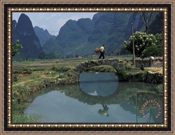 Raymond Gehman Peasant Crosses Stone Bridge Over Creek Yangdi Valley Framed Print