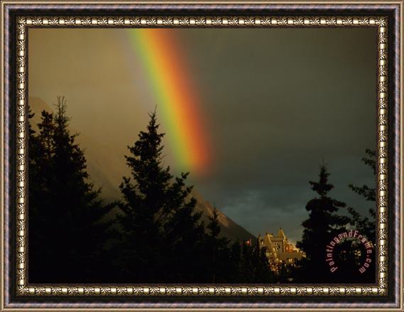 Raymond Gehman Rainbow From Evening Thunderstorm Over Mount Rundle Framed Print