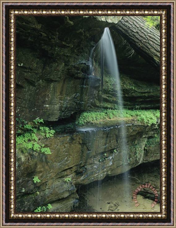 Raymond Gehman Small Waterfall Spills Over a Rock Face Into a Sinkhole Framed Painting