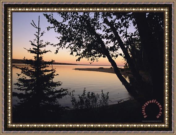 Raymond Gehman Trees Stand Silhouetted Against Waskesiu Lake at Sunset Framed Print