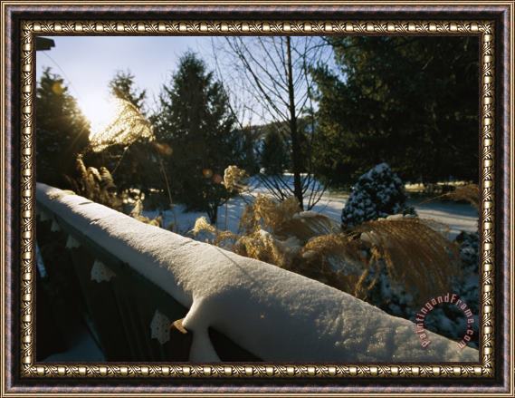 Raymond Gehman View Over a Snow Covered Railing of a Yard on a Sunny Winter Day Framed Painting